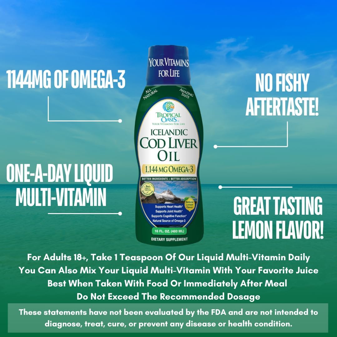 Tropical Oasis - Icelandic Cod Liver Oil | Maximum Strength 1144mg of Liquid Wild-Caught Natural Omega-3 Fish Oil (Lemon Flavor, 90 Servings) - Image 4