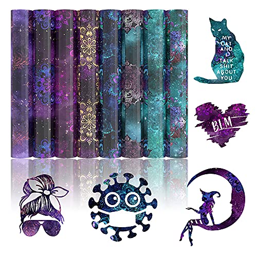 XINPOCUT 8 Sheets Mandala Gradient HTV Printed Heat Transfer Vinyl Mandala HTV Wreath Watercolor Patterned Bundle Colorful Heat Transfer Vinyl for T-Shirt Bag Cloth, 12 x 12 Inch