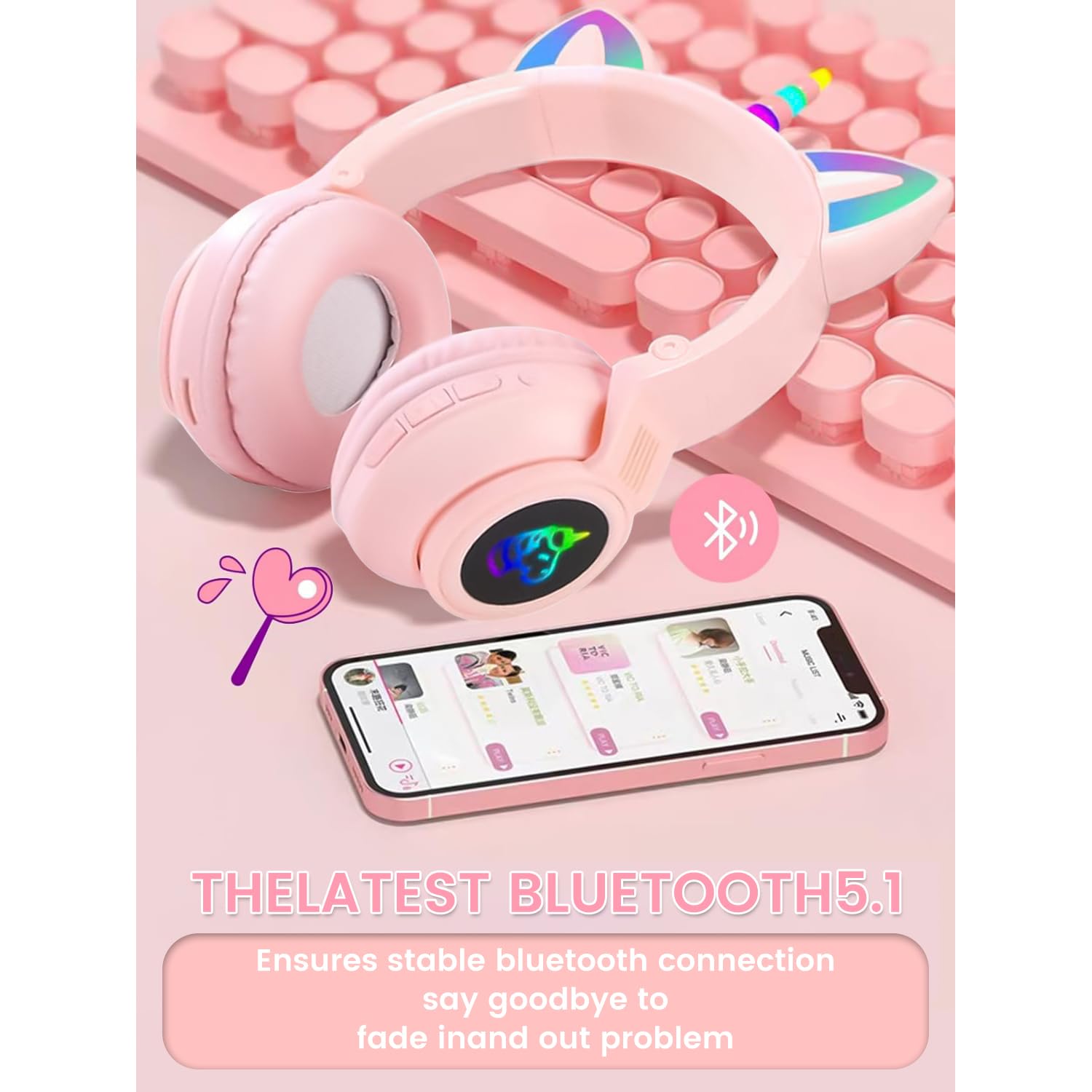 Cuffie Bluetooth per bambini, pieghevoli, senza fili, con cavo e microfono, controllo del volume, design ispirato all'unicorno, regalo di compleanno e Natale (rosa)