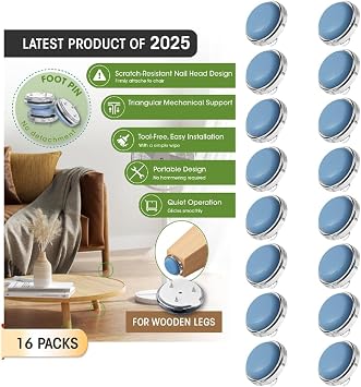 EclatBain Chair Leg Floor Protectors Furniture Sliders Blue Teflon Material Furniture Pads Nail-on Chair Sliders Set of 16 25mm,Round,Move Your Furniture Easily & Safety