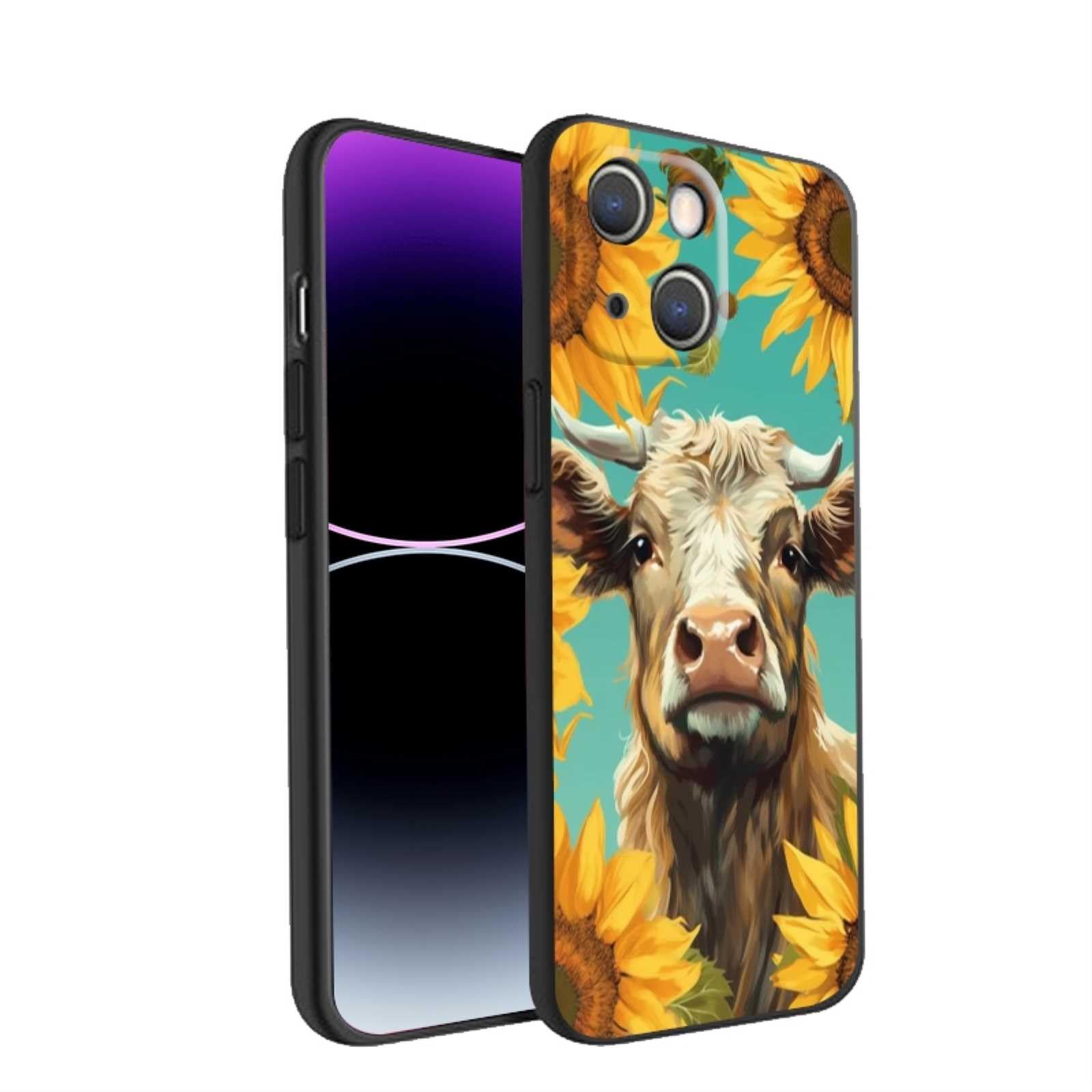 Compatible with iPhone 14 Cow Case,Western Highland Cow with Sunflower Cowboy Cowgirl Retro Howdy Boho Graphic Gifts for iPhone Case Men Women, Soft Silicone Trendy Cool Case for iPhone