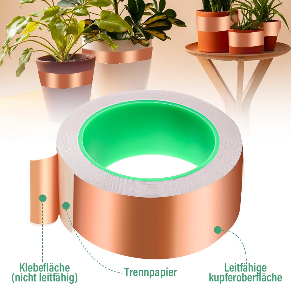 Nepfaivy ochrona przed ślimakami taśma miedziana przeciw ślimakom samoprzylepna 50mm × 20m ochrona przed ślimakami taśma miedziana podwyższone rabaty ogrody balkony do ochrony roślin (30mm)