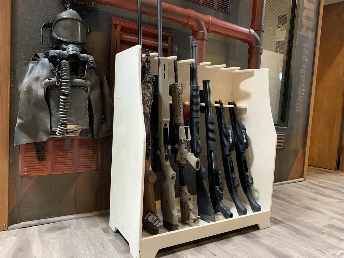 Tabletop Rifle Display Rack Table Top Gun Display Factory Crafts 9-Slot Wooden Gun Rack - Table Top ...