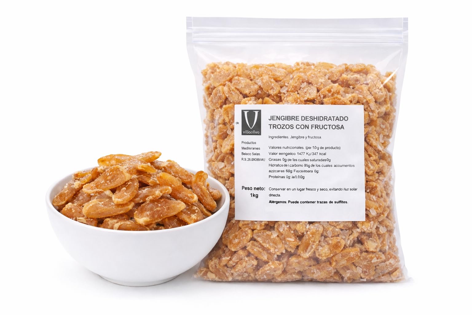Villaolivo - Jengibre deshidratado trozos con fructosa (Bolsa 1 kg)