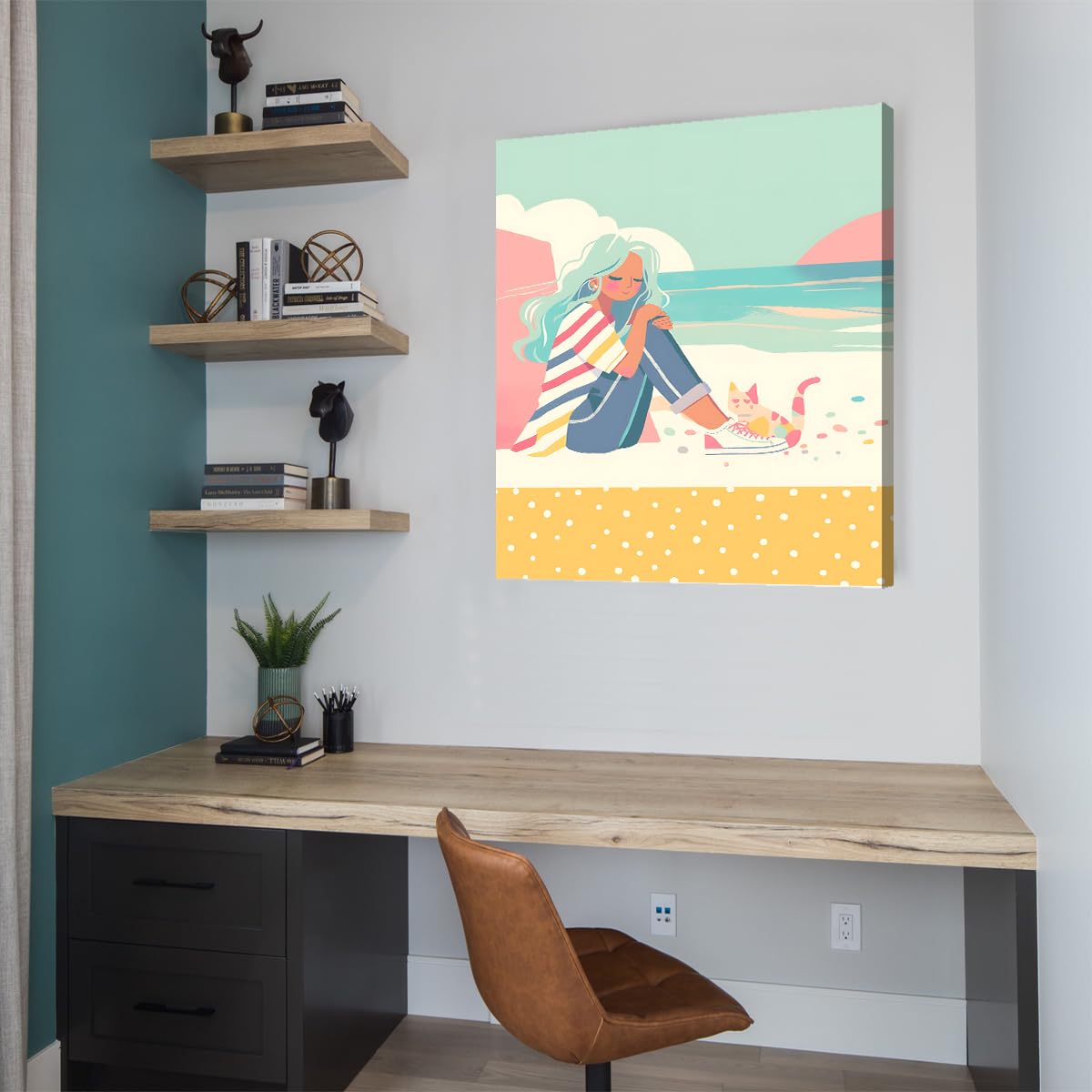 SHENGPOSTER Lato plaża płótno papierowe przytulanie dziewczyna kociaki plakaty i druki fantazja kreskówka do pokoju dziewczynki, dekoracja ścienna obraz bez ramy, 65 x 85 cm