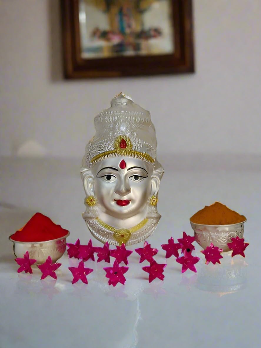 indiancraftsbykanika german silver pooja set lakshmi mukut/face with 15 flowers, 2 bowls for housewarming