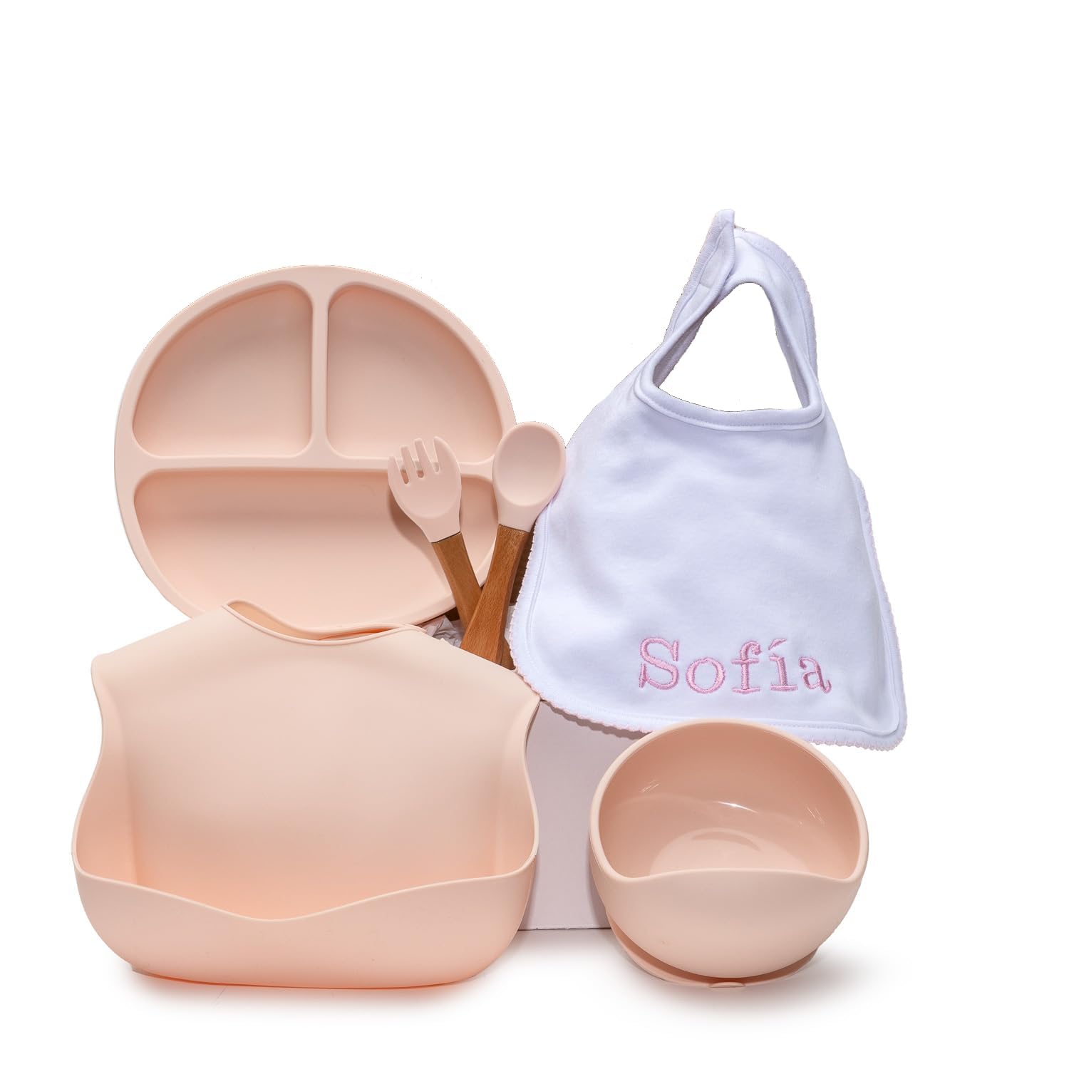 Regalo Ecológico Personalizado para Bebé | Set de Regalos para Niño/Niña | Vajilla de Silicona + Accesorios Personalizados (Rosa | Vajilla + Babero) | BebeDeParis