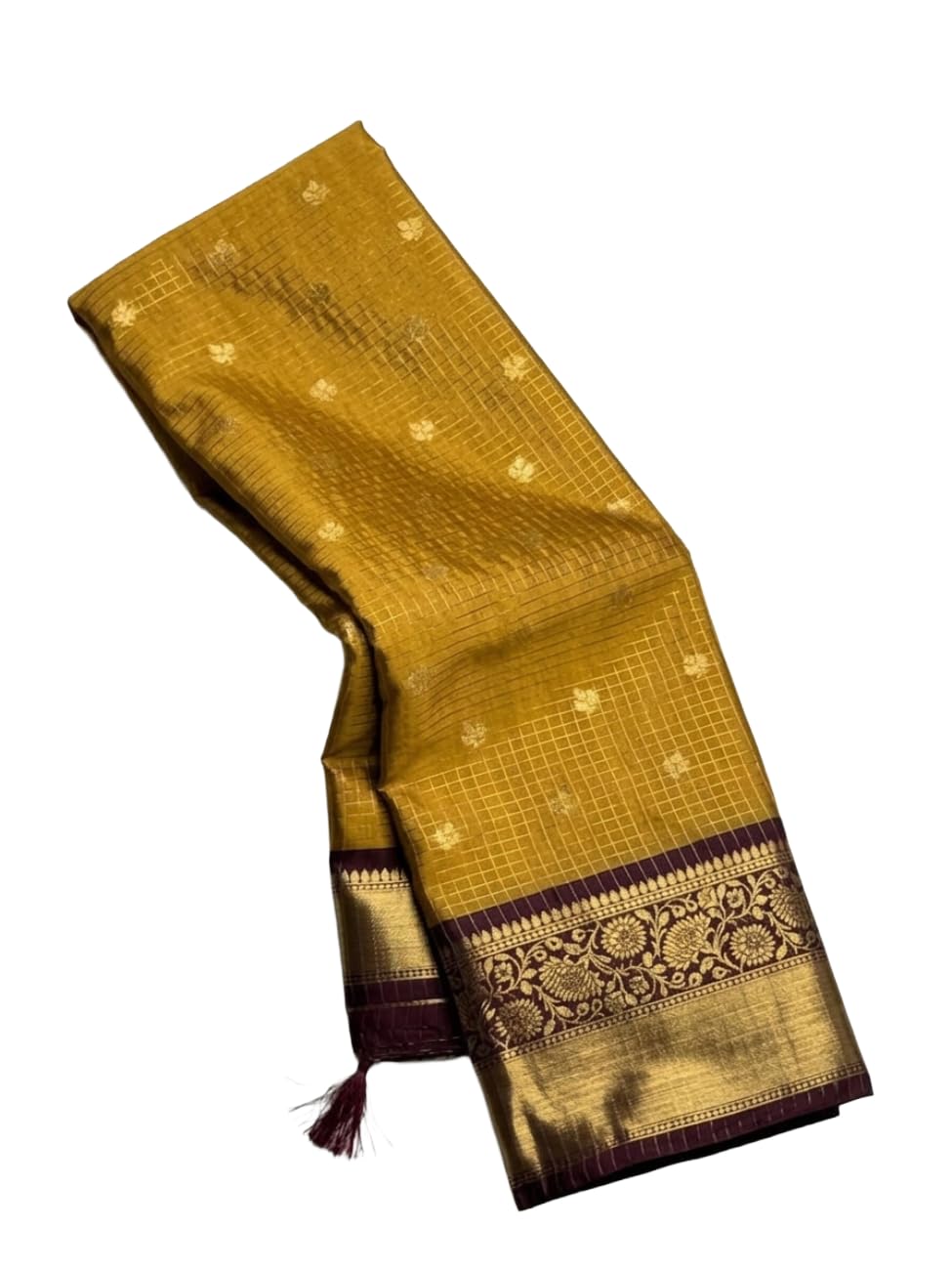 Kanjivaram Silk Saree, Mustard Yellow with Maroon Border, Zari Check Weave, Floral Motif-picture-10