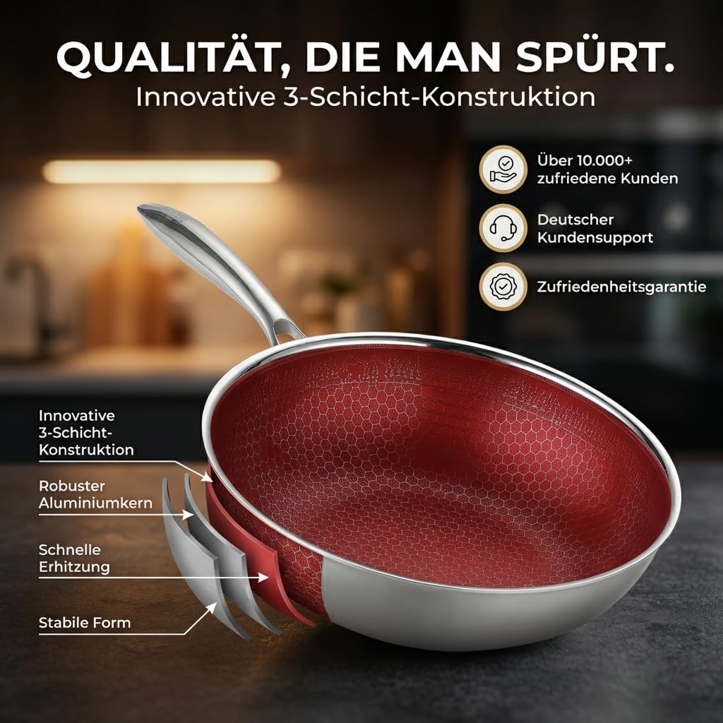 FIXLINE® BLACK FOREST Wokpfanne 28cm - kratzfeste Beschichtung ohne PTFE - alle Herdarten inkl. Induktion - Backofengeeignet bis 230°C - Einfache Reinigung - Perfekte Geschenkidee