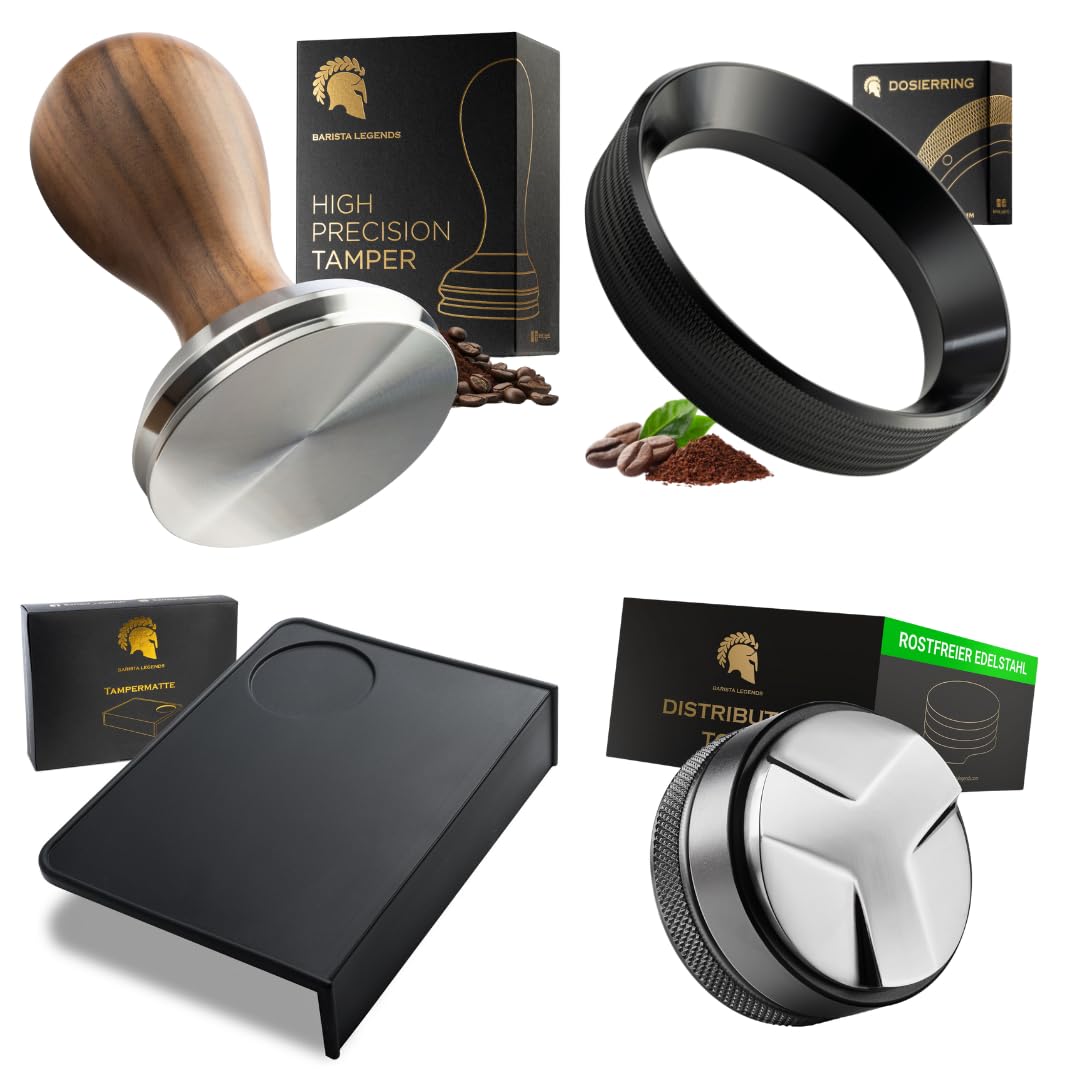 Barista Legends® Perfekt Shot Set – Tamper, Distributor Tool, Dosierring & Tampermatte | Profi Espresso Zubehör für Siebträger | Optimale Extraktion & Perfekter Espresso