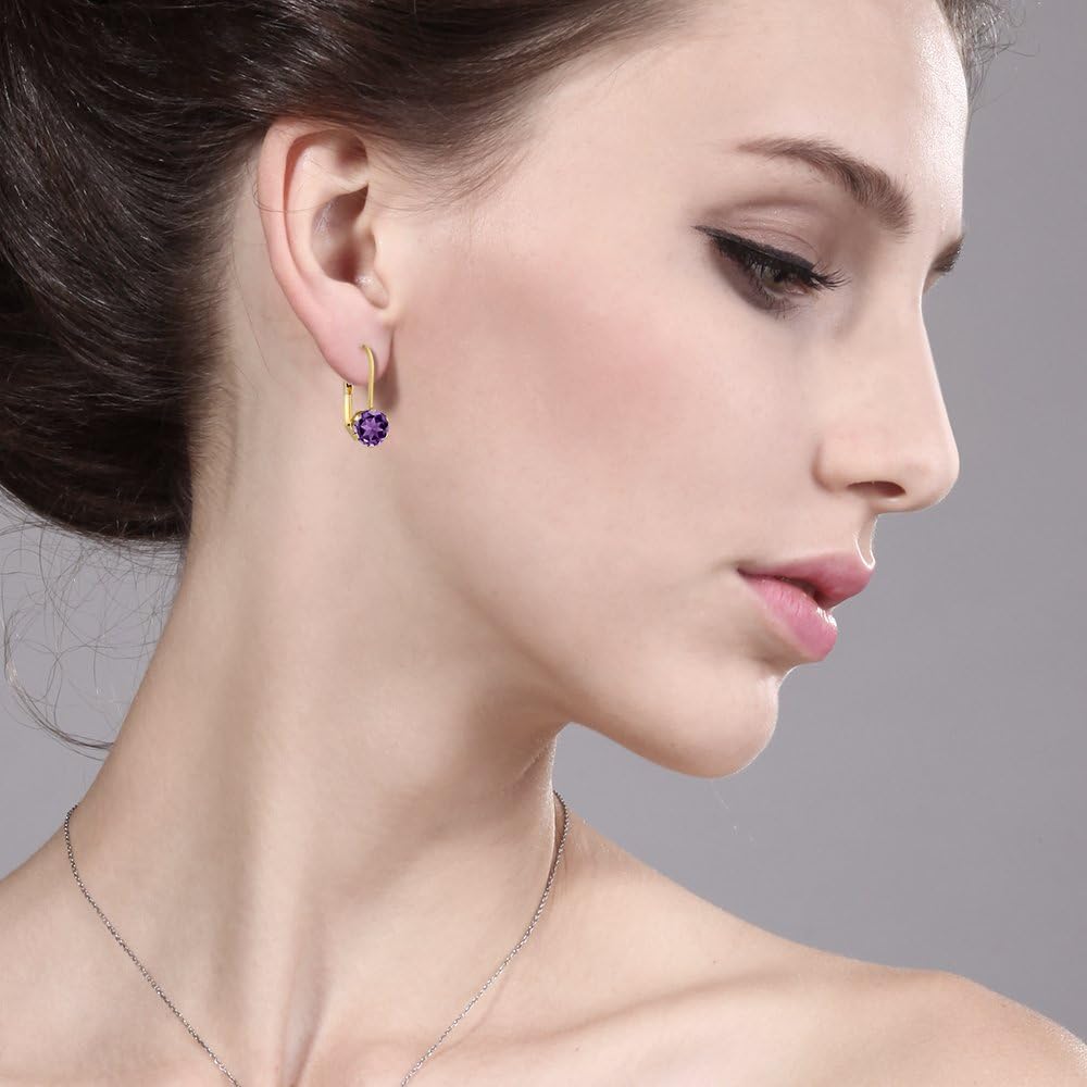 Gem Stone King 1.50 Cttw Purple Amethyst Leverback Earrings for Women | 18K Yellow Gold Plated Silver | Gemstone Birthstone | Round 6MM - Image 4
