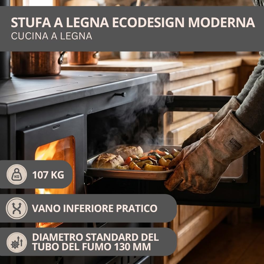 Prity 1P36D - Forno a legna con forno singolo, certificato CE, fornello da cucina compatto a combustibile solido