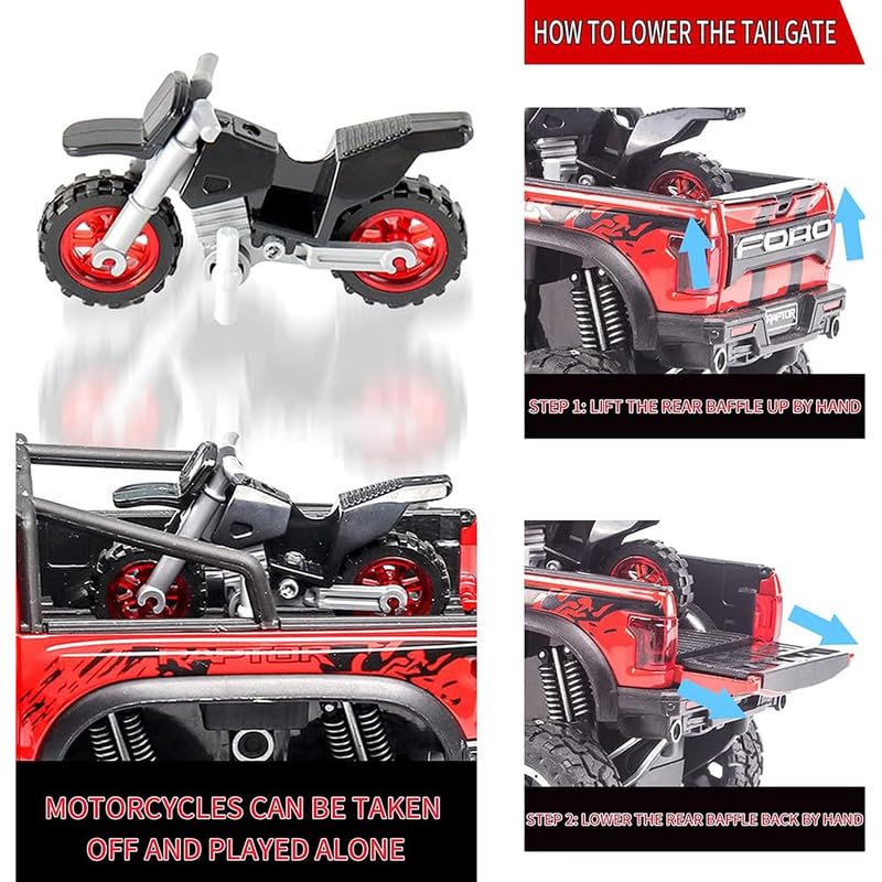 Image of Kids Model 1:24 Raptor F150 Die Cast Metal Car Pull Back Action Opening Doors with Realistic Engine Sound Lights Toy Car Gift for Boys - Multi
