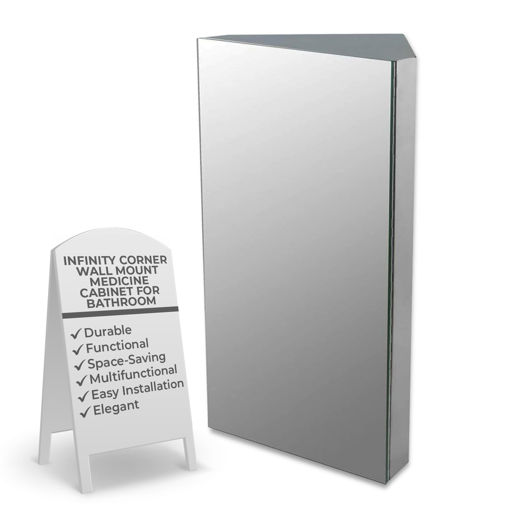 Renovators Supply Infinity Corner Medicine Cabinet with Mirror - Triple Shelf Storage Cabinet - Modern Wall Mount Medicine Cabinet - 23.6 in., Left Open, Brushed Stainless Steel, Pack of 1