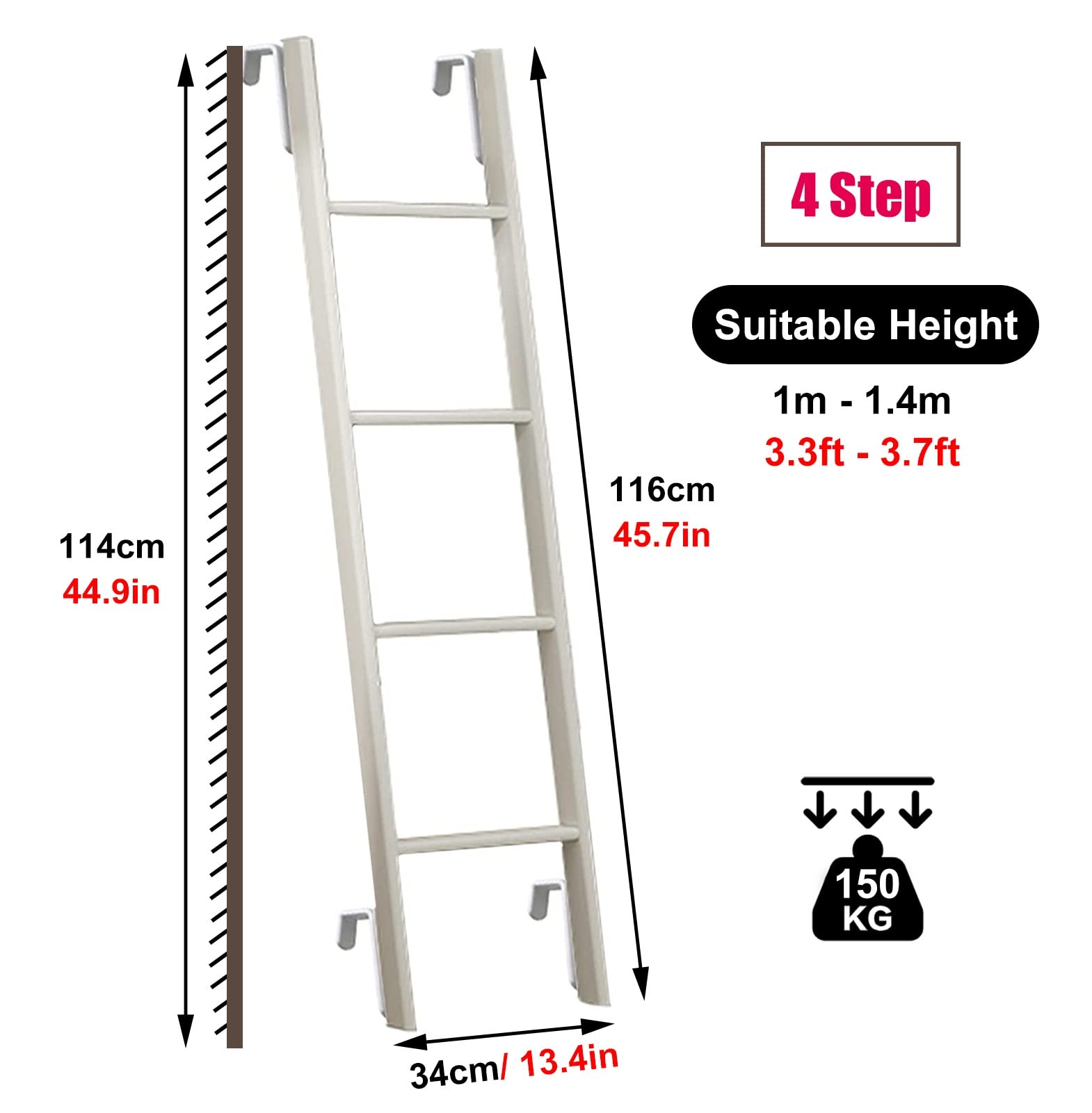 Rv Ladder de la Cama para Campera de Camper Motorhome Atic, Lentadora de Escaladas Loft Universales Colgantes - Mde Metal, Soportes de Montaje Incluidos/White/116 Cm/45 "