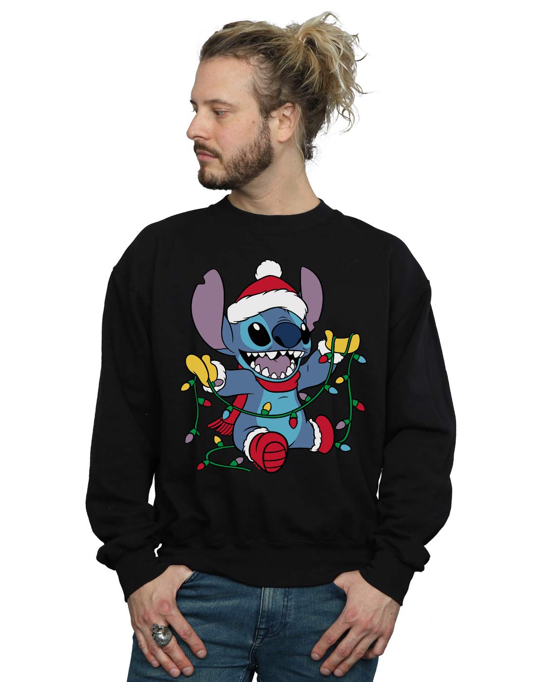 Absolute Cult Men's Black Disney Lilo And Stitch Christmas Lights Sweatshirt XXXX-Large