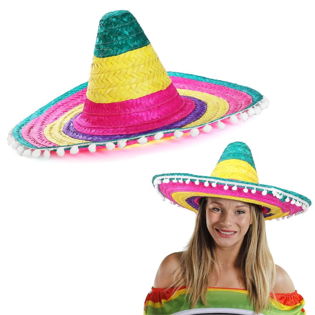 Adults Mexican Sombrero Hat - Large Multicoloured Straw Sombrero Hat with Attached White Pompoms - Ladies Womens Mens Mexico Mariachi Cinco de Mayo Fancy Dress Costume Accessory