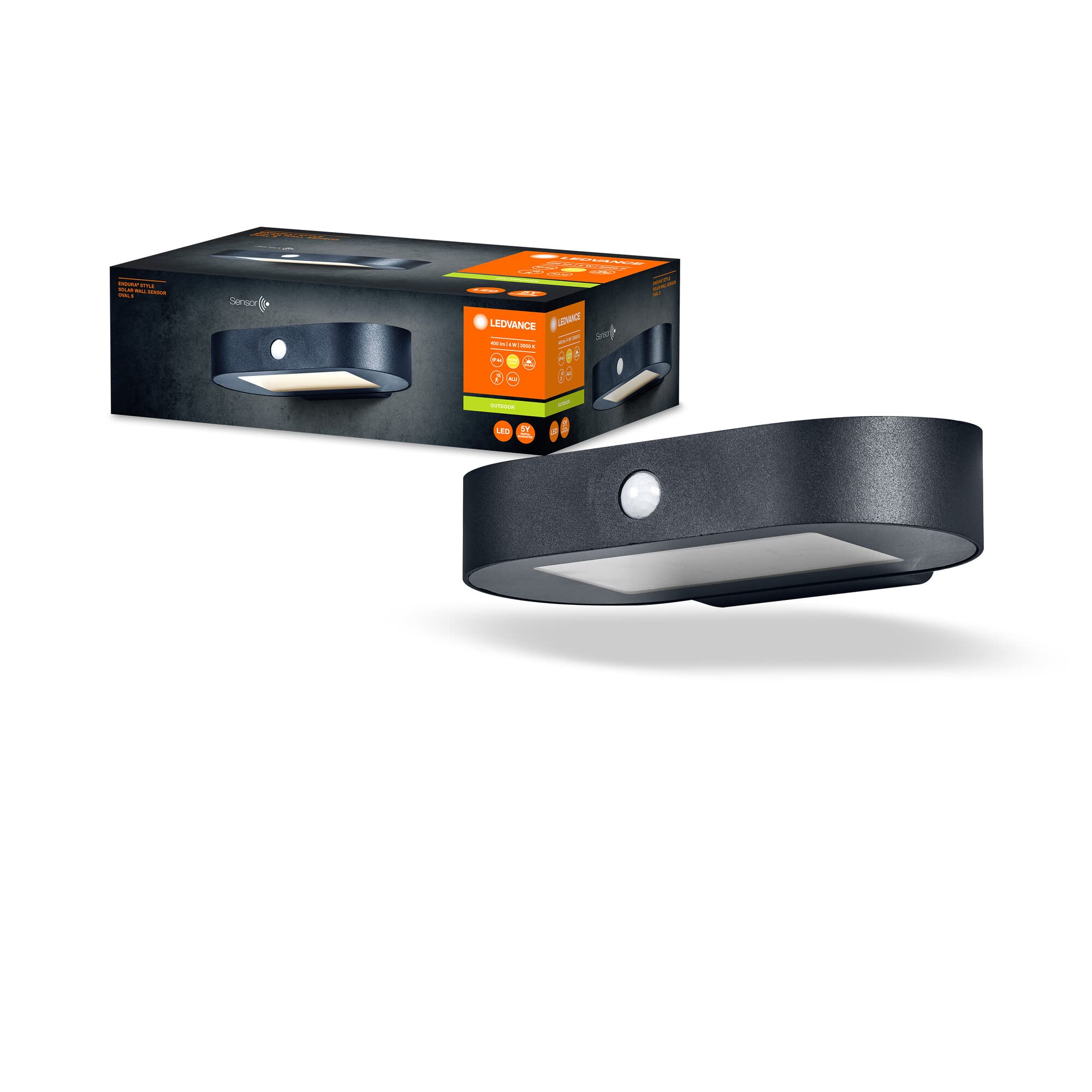 LEDVANCE ENDURA Style Oval S applique solare piccola, luce bianca calda (3000K), sensore integrato, senza alimentazione, lunga durata batteria: 30 accensioni da 60 secondi in modalità PIR, IP44, nero