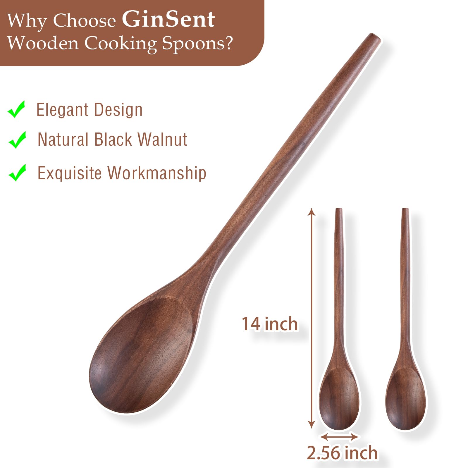 2PSC - Cucharas de cocina de madera, cuchara de madera de 14 pulgadas para cocinar, mezclar ensalada o sopa, utensilios de cocina antiadherentes de nogal negro, cucharas de cocina de madera para
