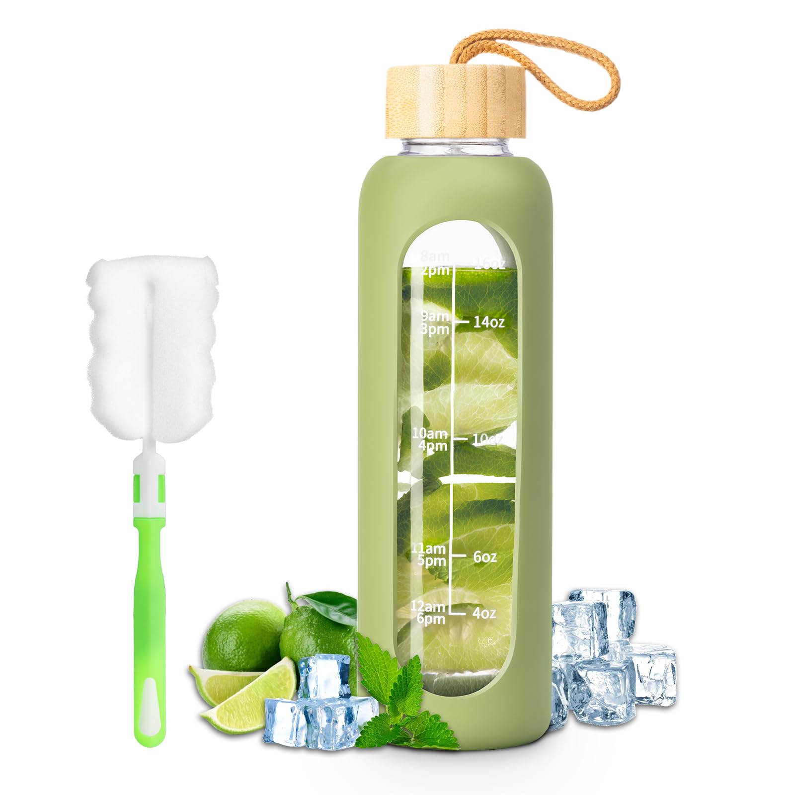 FrutPunch Glass Water Bottle, 500ml Water Bottle with Time Markings, Leakproof Glass Water Bottle with Silicone Sleeves, Suitable for Offices and Gyms, Green