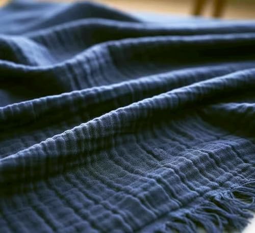 KyraHome 100% Organic Cotton Throw Blankets, 60"x80", Pre-Washed Plant Dyed Breathable Lightweight Gauze Summer Muslin Blankets, Adults Couch, Picnic, All Season (Navy)