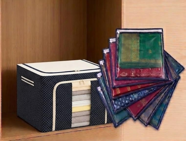 66 Liters Foldable Steel Frame Cloth Organizer with 6 Pcs Saree Cover Bags with zip, Organiser for Sarees/Shirts/Blankets/Clothes Bag(Blue Cloth Organizer And Saree Cover Bags Combo)-image-16