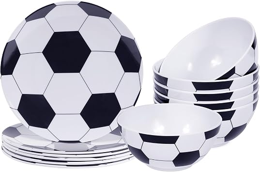 Webbylee 12-Piece Melamine Dinnerware Set Soccer Party Plates and Bowls Set 6 Plates + 6 Bowls, Break Resistant, Dishwasher Safe, Outdoor Fun