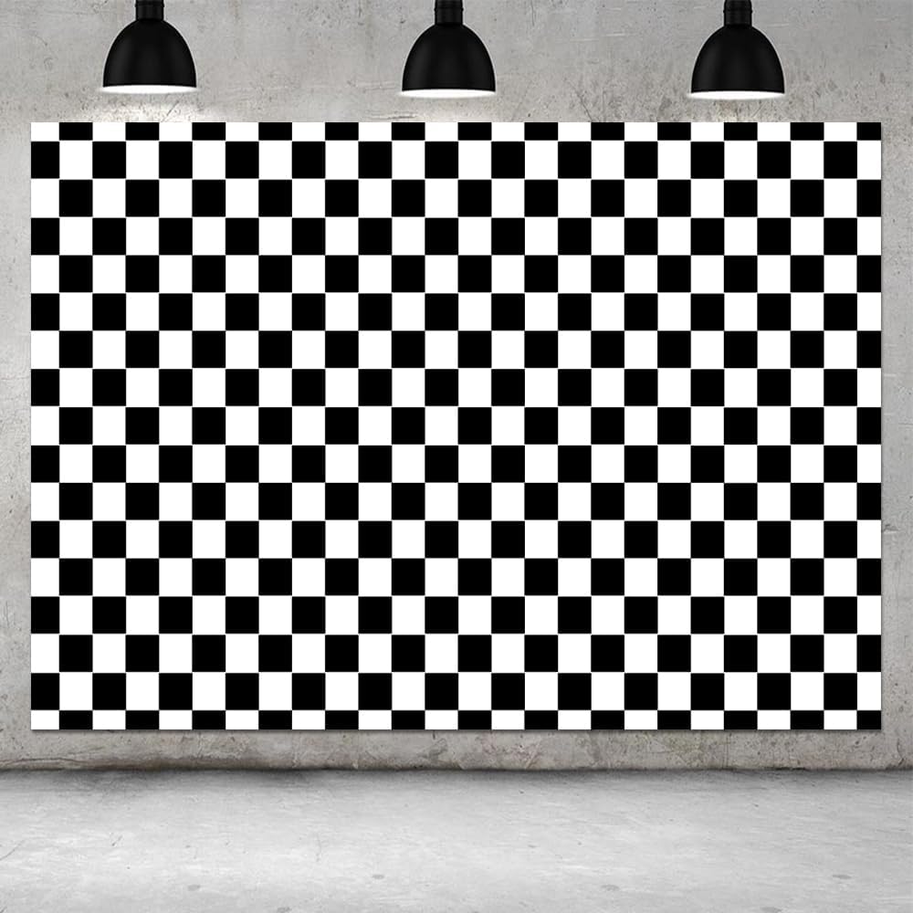 7x5FT Black and White Checkered Chessboard Theme Photography Background Children's Birthday Party Decoration Supplies Banner Photo Backdrop Studio Props