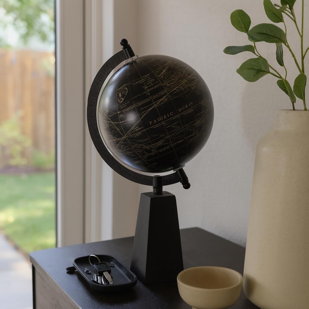 Elegant Globe Sculpture Figurine with Wood Base for Home Decor - Perfect for Office, Bathroom, or Living Room Decor - Complements Shelf or Coffee Table Decor - Ornaments or Statue - 11", Black & Brown
