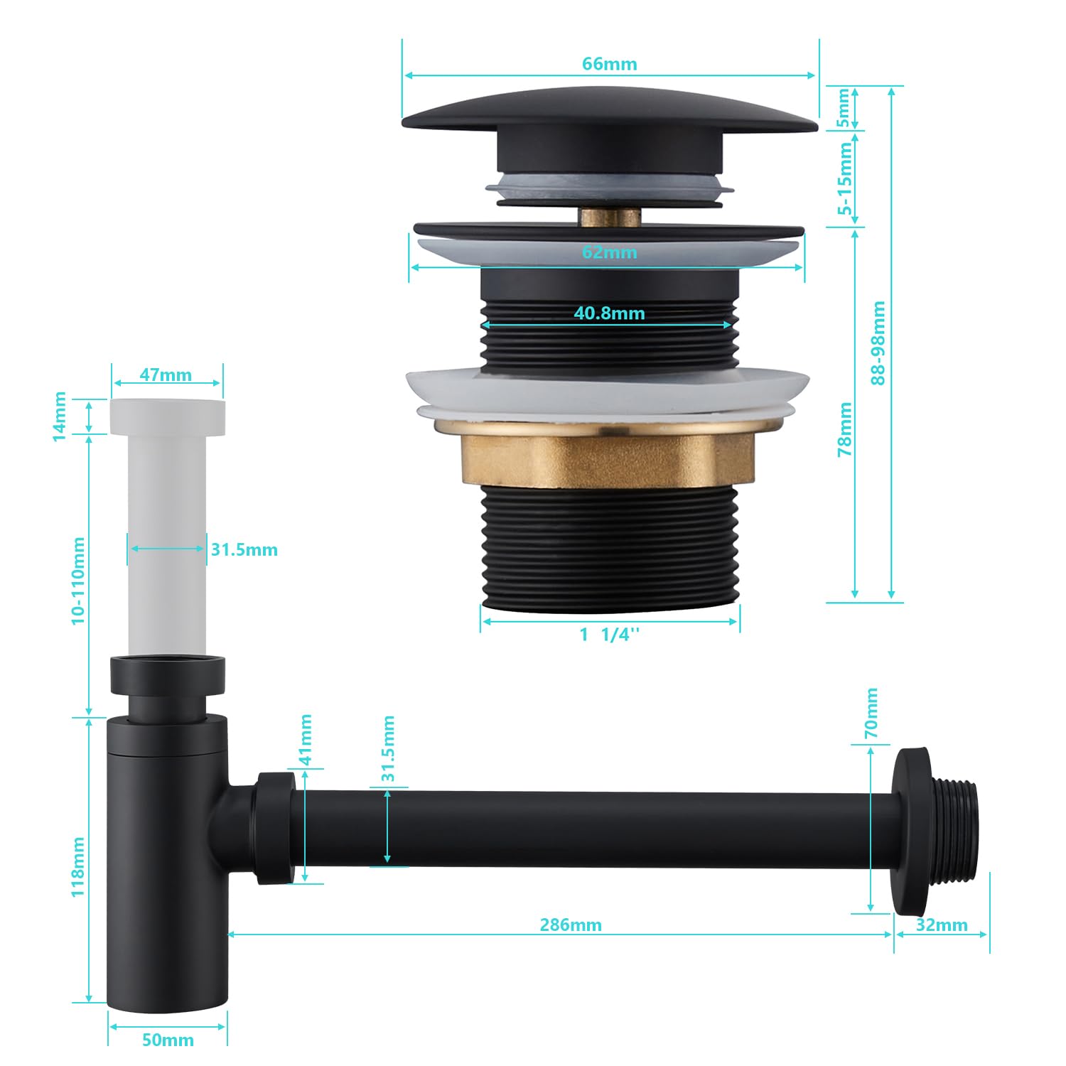 Sifón de Diseño con Desagüe Lavabo sin Rebosadero, Sifón Lavabo Negro Universal con Abertura de Limpieza, Altura Ajustable, Válvula Click Clack Lavabo para Baño y Aseo