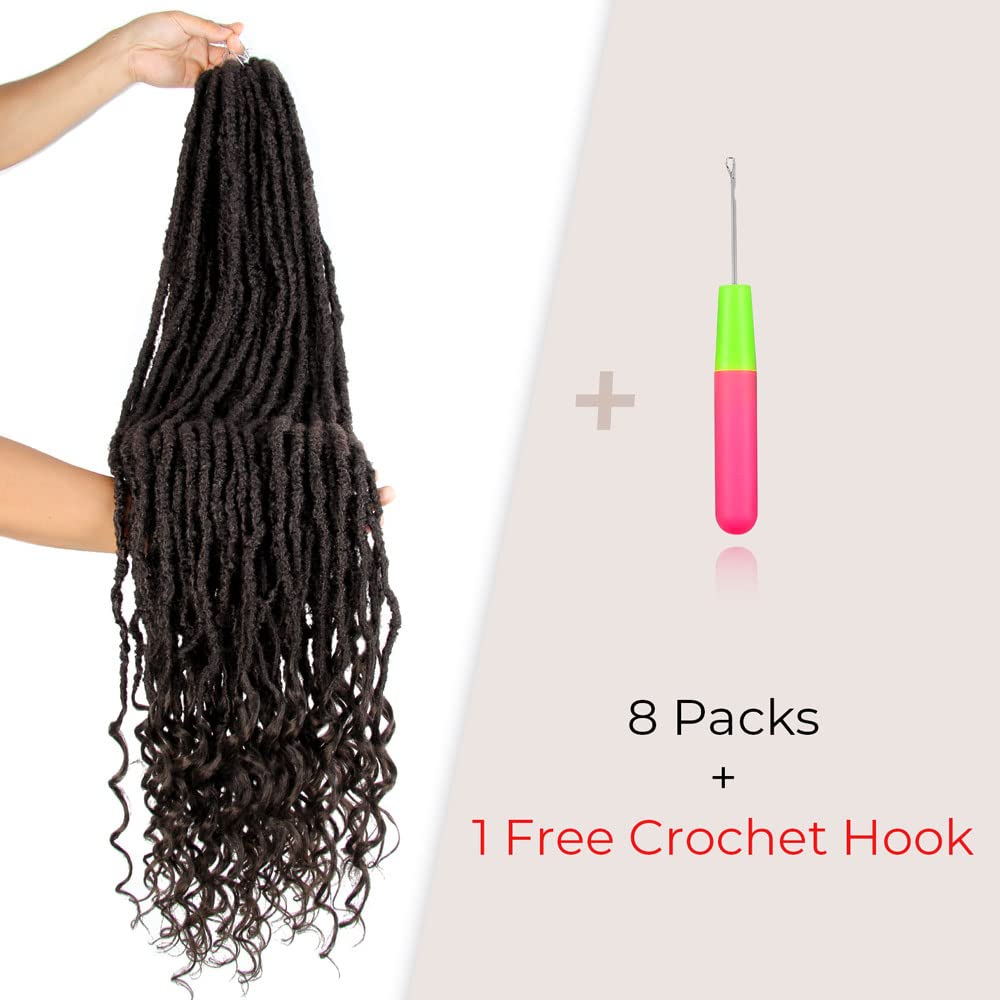 Niseyo Wild Locs 36 Inch Distressed New Faux Locs with Curly Ends 8 Packs Long Soft Pre-looped Goddess Crochet Hair (4#, Brown)