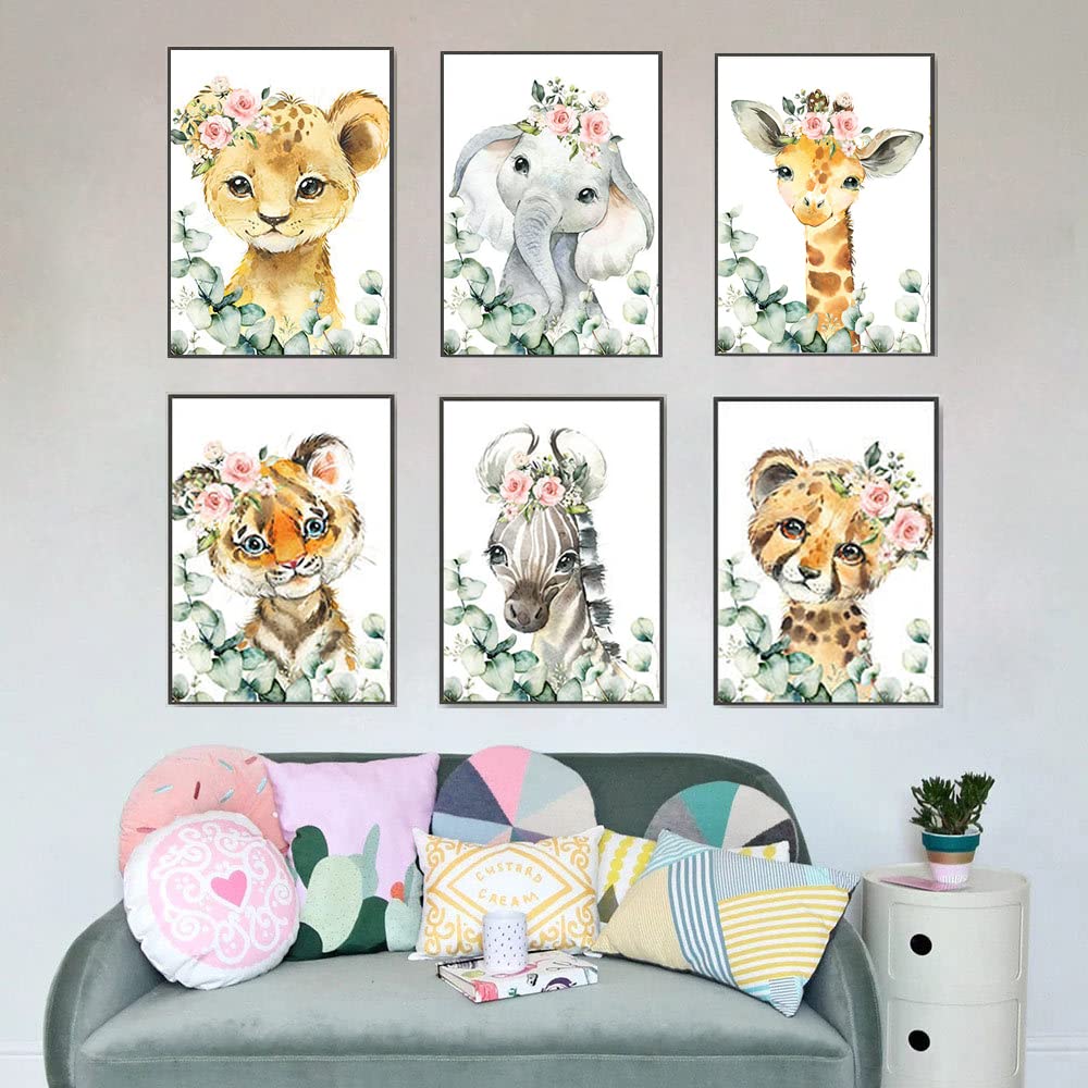 6 Posters Animaux Forêt A4 - Éléphant, Lion, Girafe - Déco Chambre Enfant - Sans Cadre