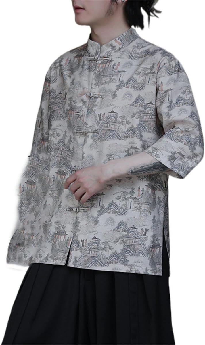 Men's Shirt Summer Iced Silk Mandarin Collar Chinese Style Tops