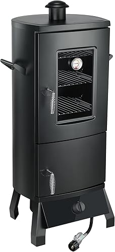 Miniatura 9 de Ahumador de propano con tapa, parrilla vertical para ahumar gas de carne, resistente al aire libre, 3 estantes extraíbles para ahumar, color negro