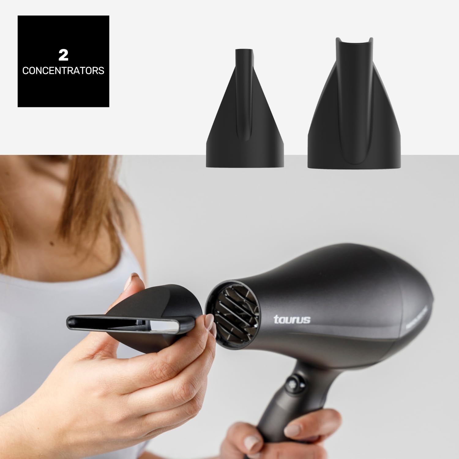 Taurus – Haartrockner Fashion 2600 Ionic, 2600W, 6 Geschwindigkeits-/Temperaturstufen, AC-Motor, Ionic Care, Kaltlufttaste, Zubehör: Präzisionsdüse, Breitdüse, Diffusor, Schwarz