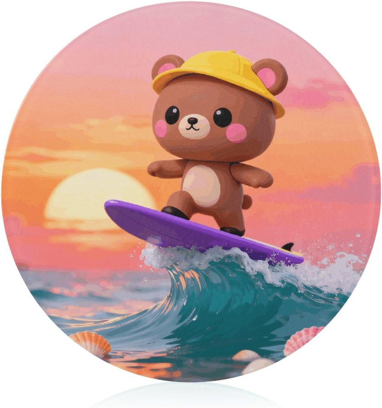 Surfing Bear Chopping Block Tempered Glass Cutting Board Mats Round Countertop Cutting Boards Sturdy Charcuterie Boards for Bar Cheese Board Snack Tray