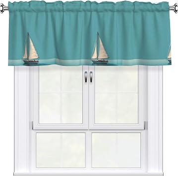 Blue Sailboat Printed Short Curtains with Valance Rod 54x18in - Curtain Valance Kitchen Bathroom Laundry Room Studio - Home Decor