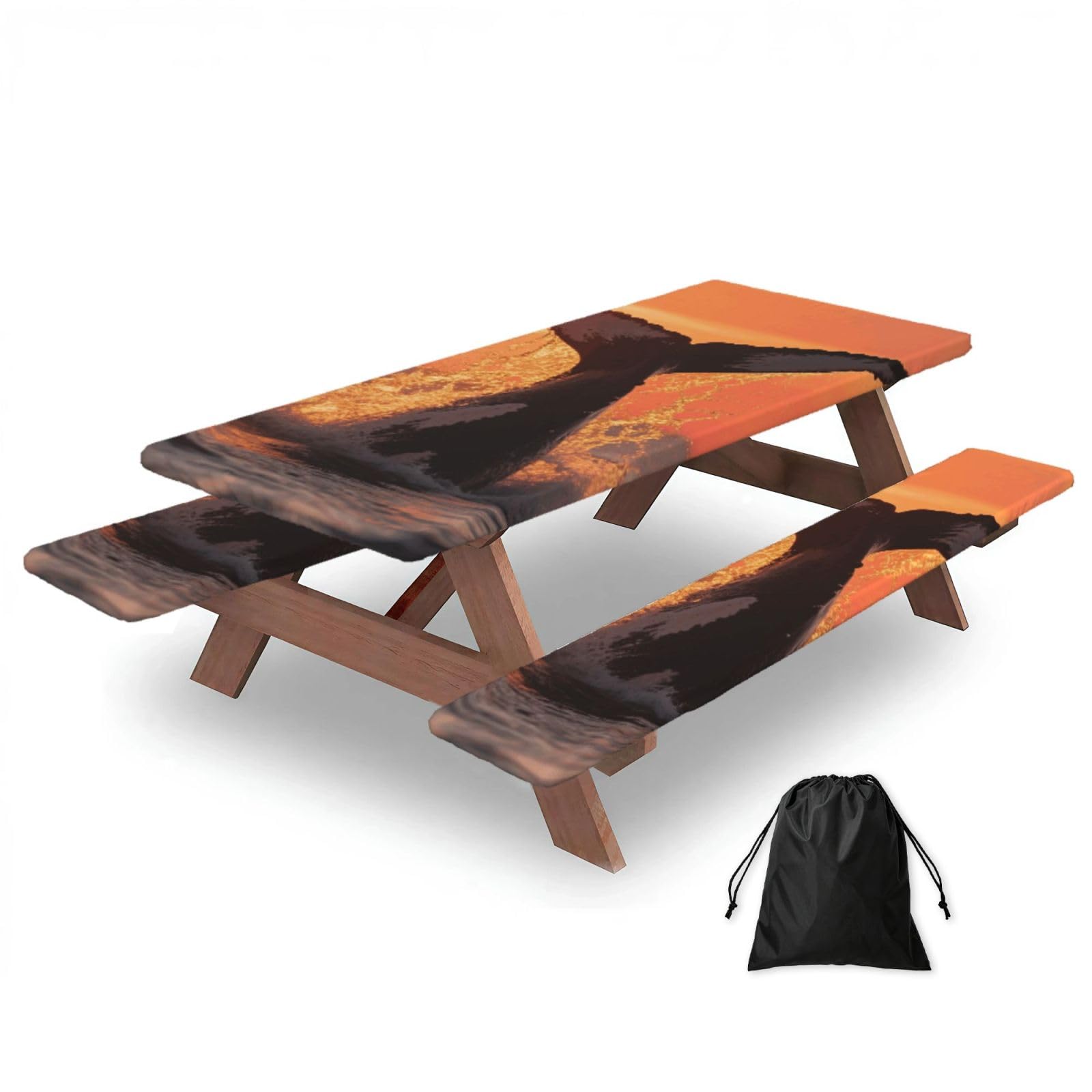 FekiLoot Sunset Humpback Whale Picnic Table Cover with Bench Covers and Bag, Windproof Waterproof Rectangle Tablecloth with Elastic Edges Fitted Camping Table Covers for Picnic Party Travel
