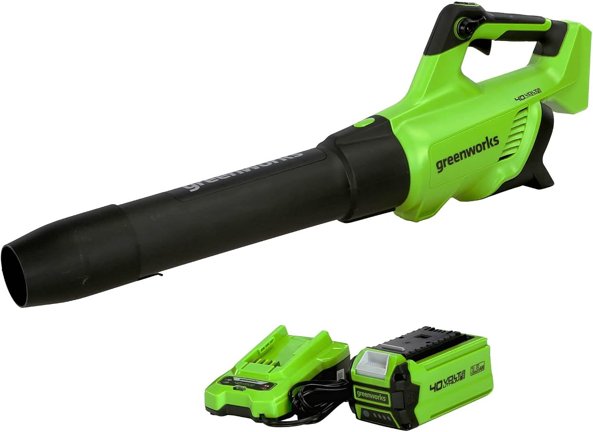 Soplador de hojas inalámbrico Greenworks de 40 V, 500 CFM, batería de 2,5 Ah y cargador