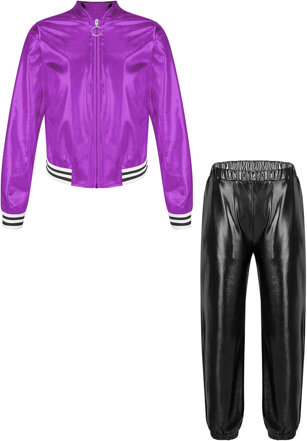 Kids Girls Boys Shiny Hip Hop Outfit Zipper Jacket with Jogger Pants for Dance Party