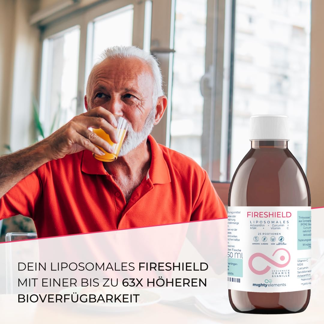 Mighty Elements Liposomales Fireshield 4 in 1, Astaxanthin 8 mg, Curcumin 100 mg, MSM 500 mg, Vitamin C, Orange- / Vanille Geschmack, Vegan, Glutenfrei, hohe Bioverfügbarkeit, Flüssig, 250ml