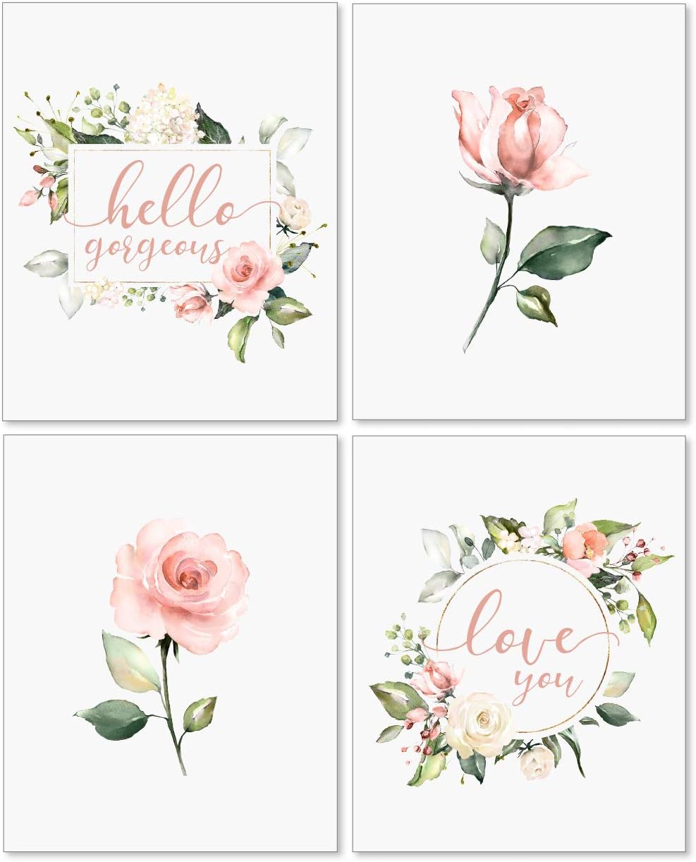 Confetti Fox Floral Nursery Wall Art Decor, Baby Girl Flowers Inspirational Quotes Hello Gorgeous Love, Pink Roses Botanical Watercolor Affirmations (8x10 Unframed Set of 4 Prints)
