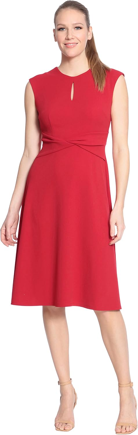 London Times Women's Women's Twist Waist Keyhole Jewel Neck Flare Dress
