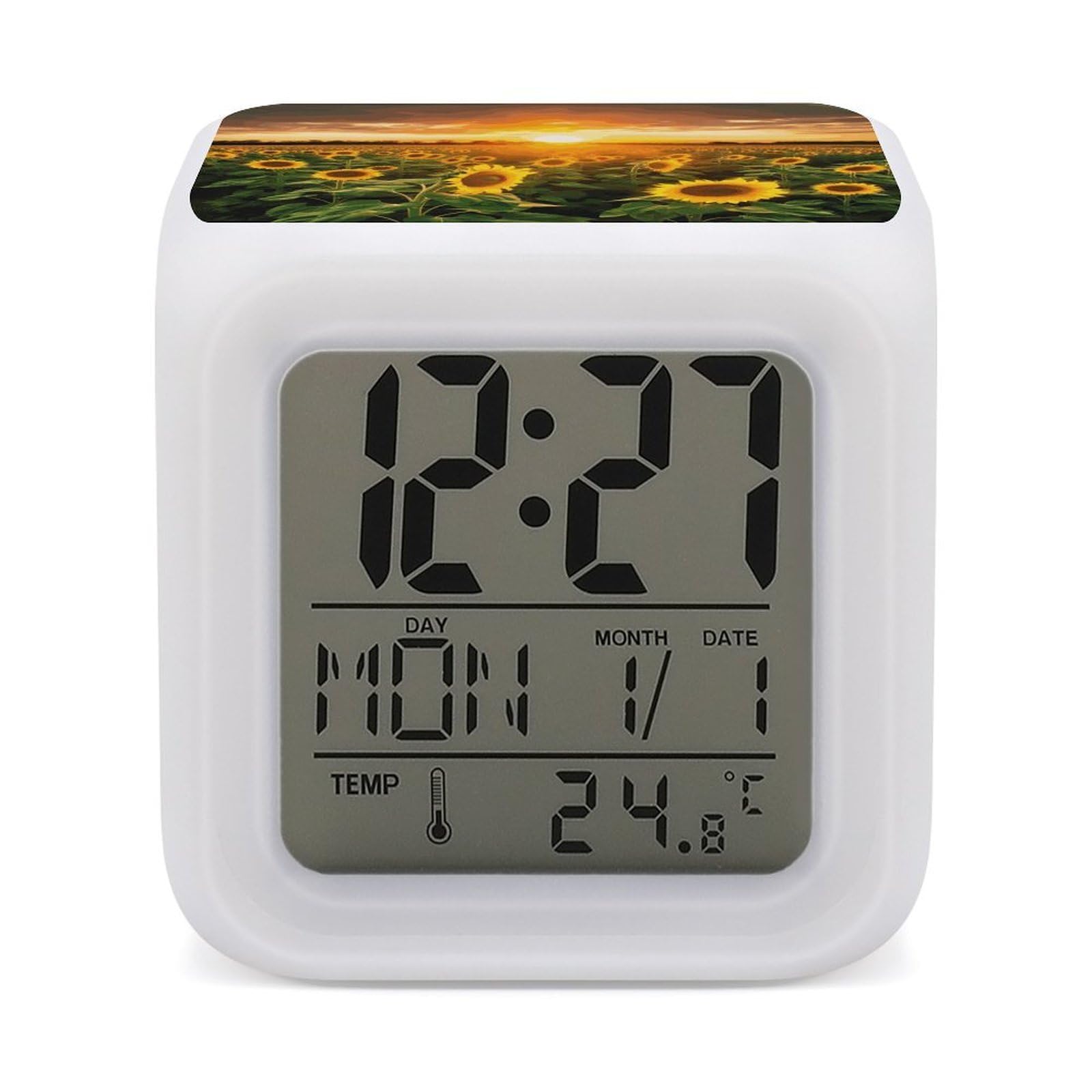 FekiLoot Sunflower Field Sunset Alarm Clock with 7 Color Changing Night Light,Battery Operated Digital Clocks with Temperature Display Tiny Electric Clock LED Sleep Timer for Room Decor