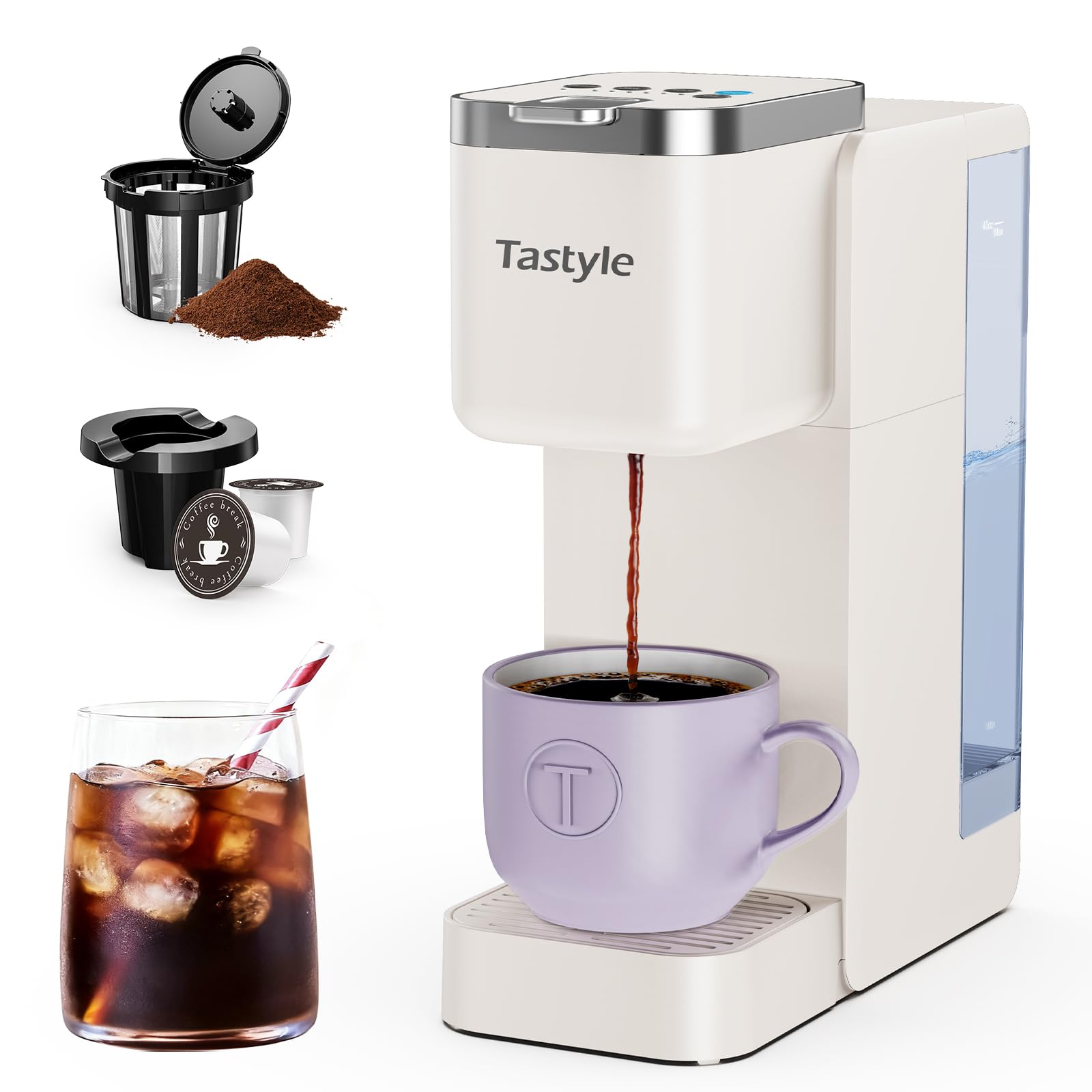 Photo 1 of Tastyle Single Serve Coffee Maker, Iced and Hot Coffee Machine for K Cup & Grounds, Compact Design, 40oz Removable Water Reservoir, 6 to 24 Oz Brew Sizes, Fits 7.3" Travel Mug, Beige
