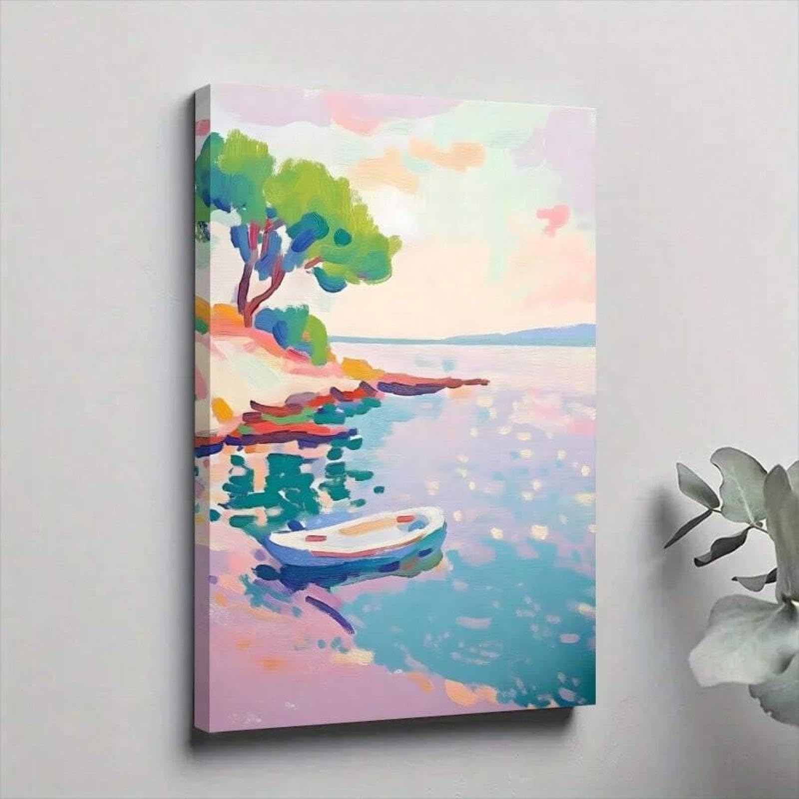 XBTYKPB Luminous Shoreline Boat Lake Theme Large Canvas Wall Art, Artwork Wall Painting For Bedroom, Office, Living Room, Decor 60x90cm Withframe