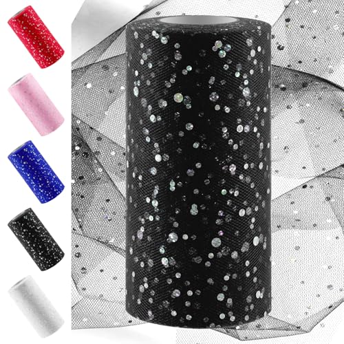Swpeet Rollo de tela de tul brillante de 6 pulgadas por 50 yardas, negro, carrete de cinta de tul brillante, carrete de poliéster para red para decoraciones de cumpleaños, bodas, fiestas DIY