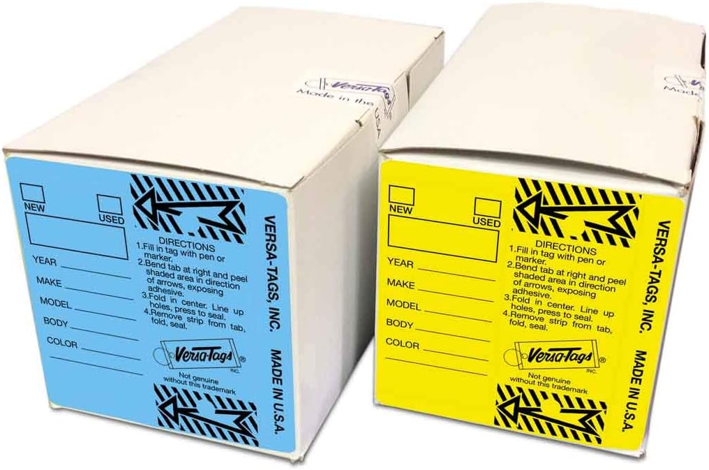 Genuine Versa-Tag Key Tags - Self-Protecting (2 Box Bundle) (250 per Box with Metal Rings - 500 Total) (1 Box Blue and 1 Box Yellow)