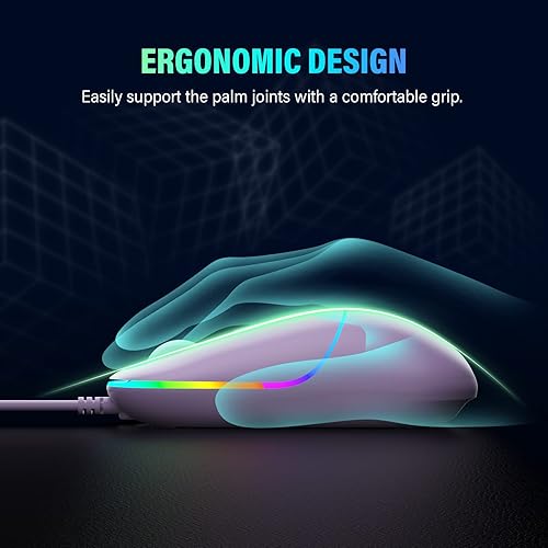 Miniatura 5 de FENISIO Mouse con cable, mouse USB retroiluminado ultra silencioso con cable con 6400 DPI, mouse ergonómico con cable LED para PC, laptop,