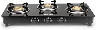 AGARO Elite 3 Burners Gas Stove, Toughened GlassTop, Round Brass Burners, 1 Small, 1 Medium & 1 Big Size Burner, Spill Proof Fixed Drip Tray, Manual Ignition, Kitchen Use, Regular Cooking Use, Black